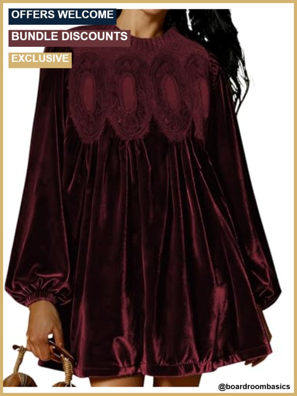 Velvet Lace Babydoll Mini Dress A-Line Pleated Scallop Neck Long Sleeve
